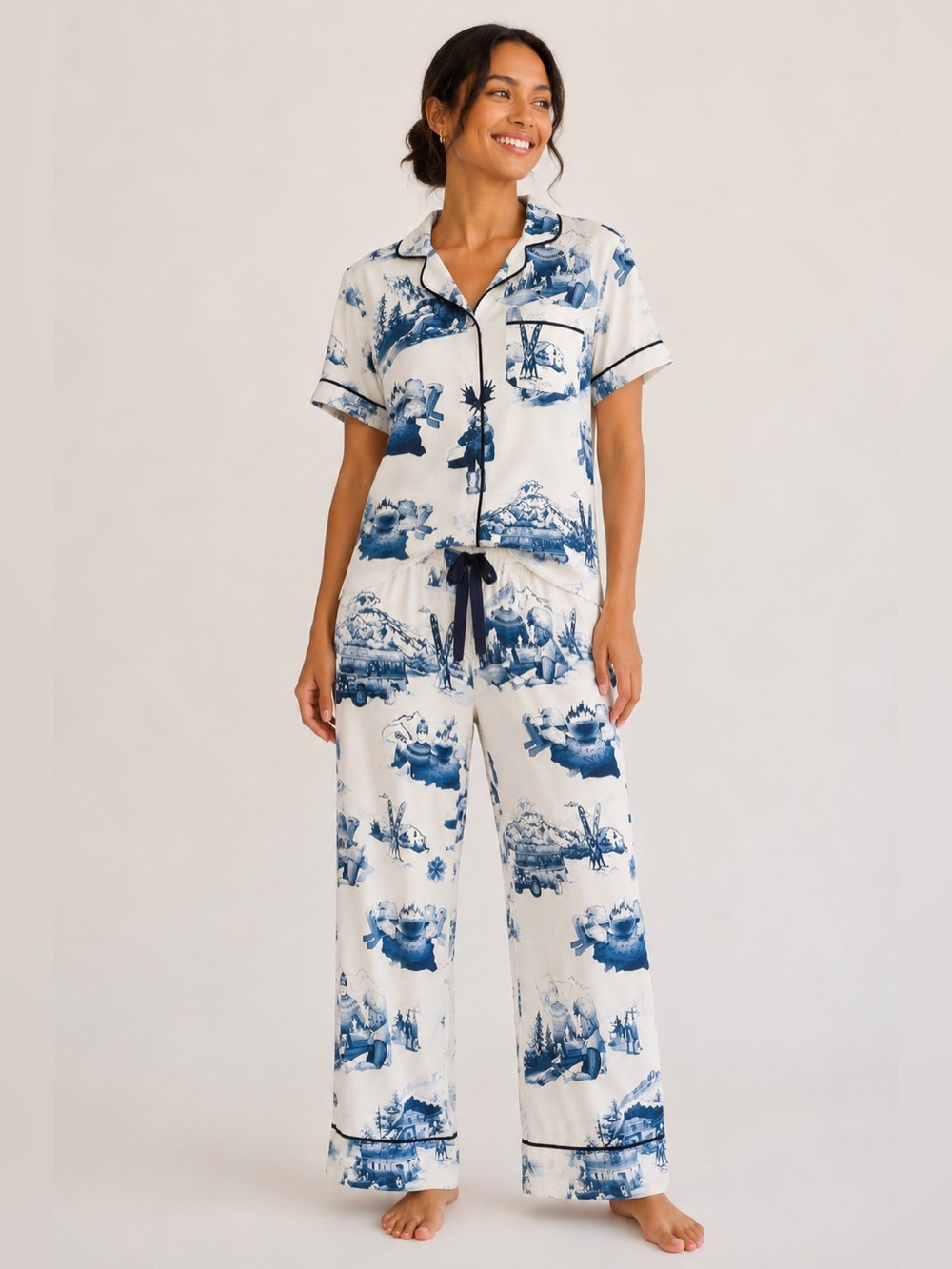 Katie Kime Apres Ski Toile Pajama Set Blue White Short Sleeve Pants Small